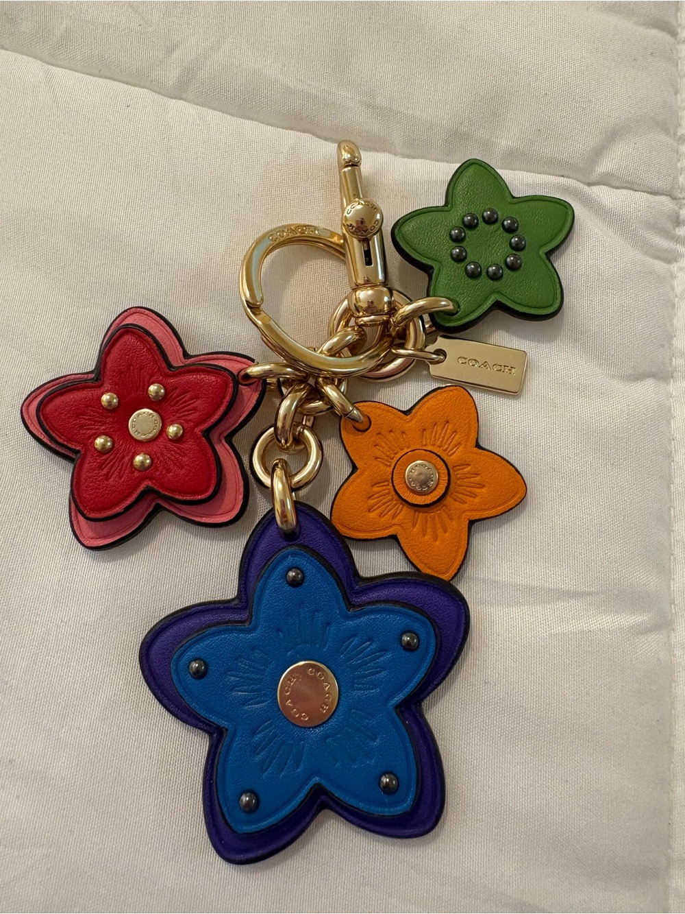 Coach Multicolor Leather Flower Bag Charm Keychain Floral Cluster Gold Hardware